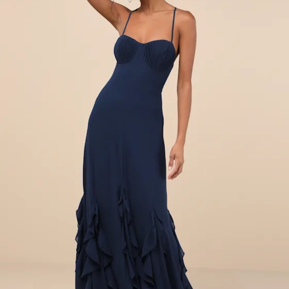 Priela Dark Navy Ruffled Lace-Up Maxi Dress